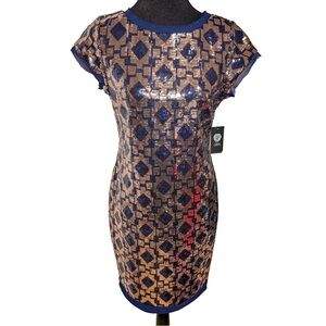Vince Camuto Sequin Cocktail Sheath Dress Gatsby Art Deco Navy Bronze Size 6 NWT